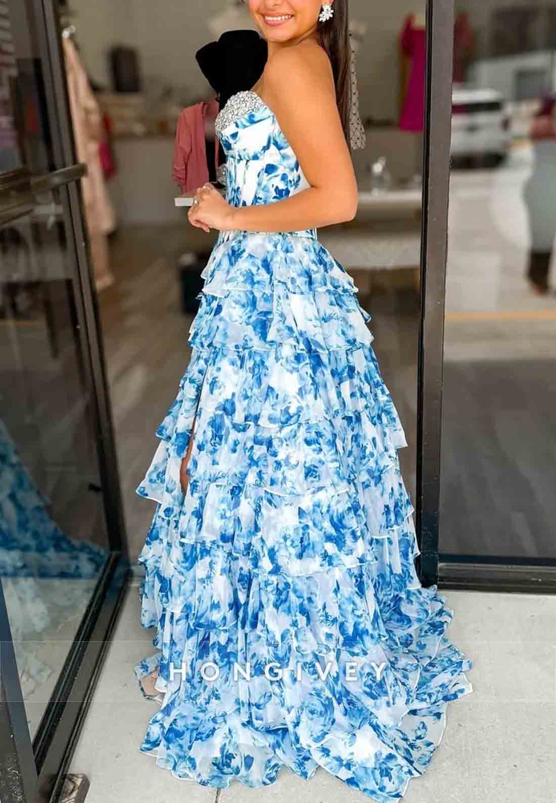 Gorgeous A Line Sweetheart Pink Printed Corset Prom Dress with Beading Ruffle