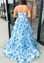 Gorgeous A Line Sweetheart Pink Printed Corset Prom Dress with Beading Ruffle