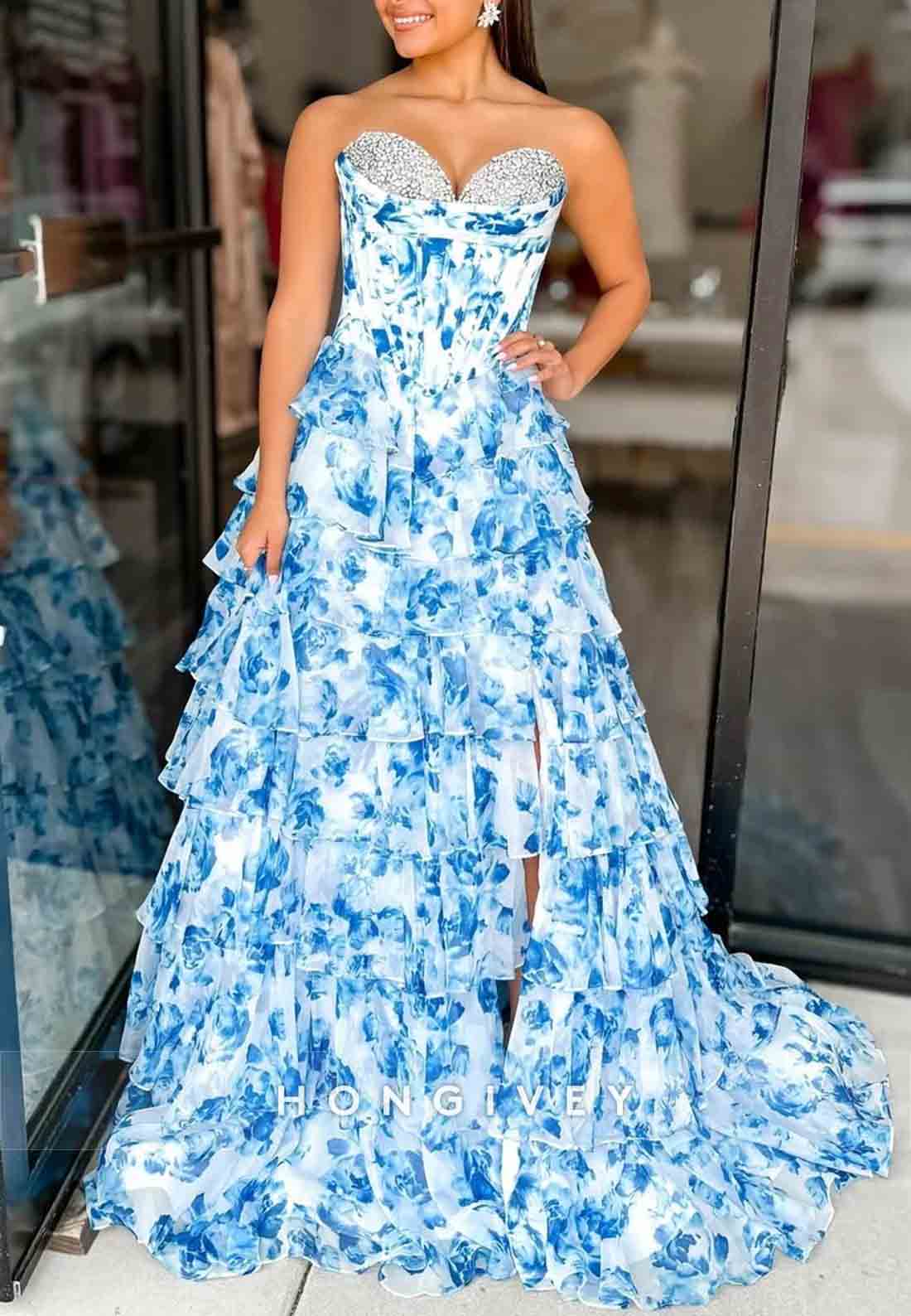 Gorgeous A Line Sweetheart Pink Printed Corset Prom Dress with Beading Ruffle