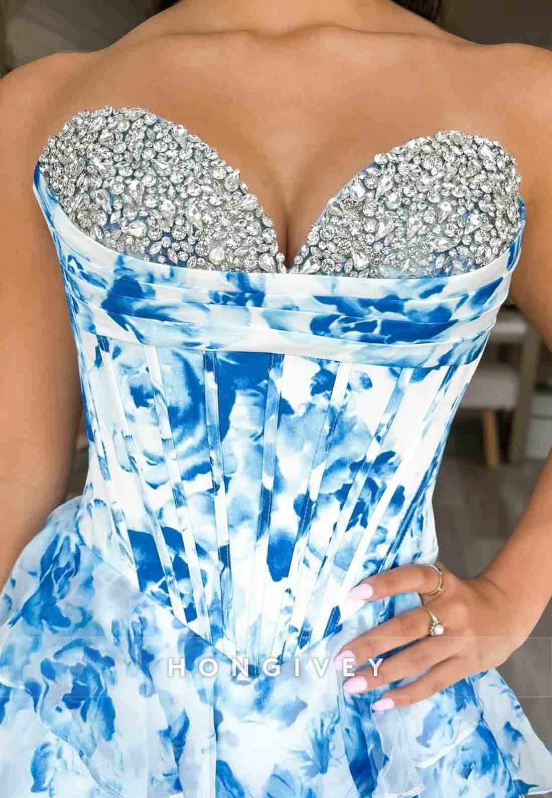 Gorgeous A Line Sweetheart Pink Printed Corset Prom Dress with Beading Ruffle