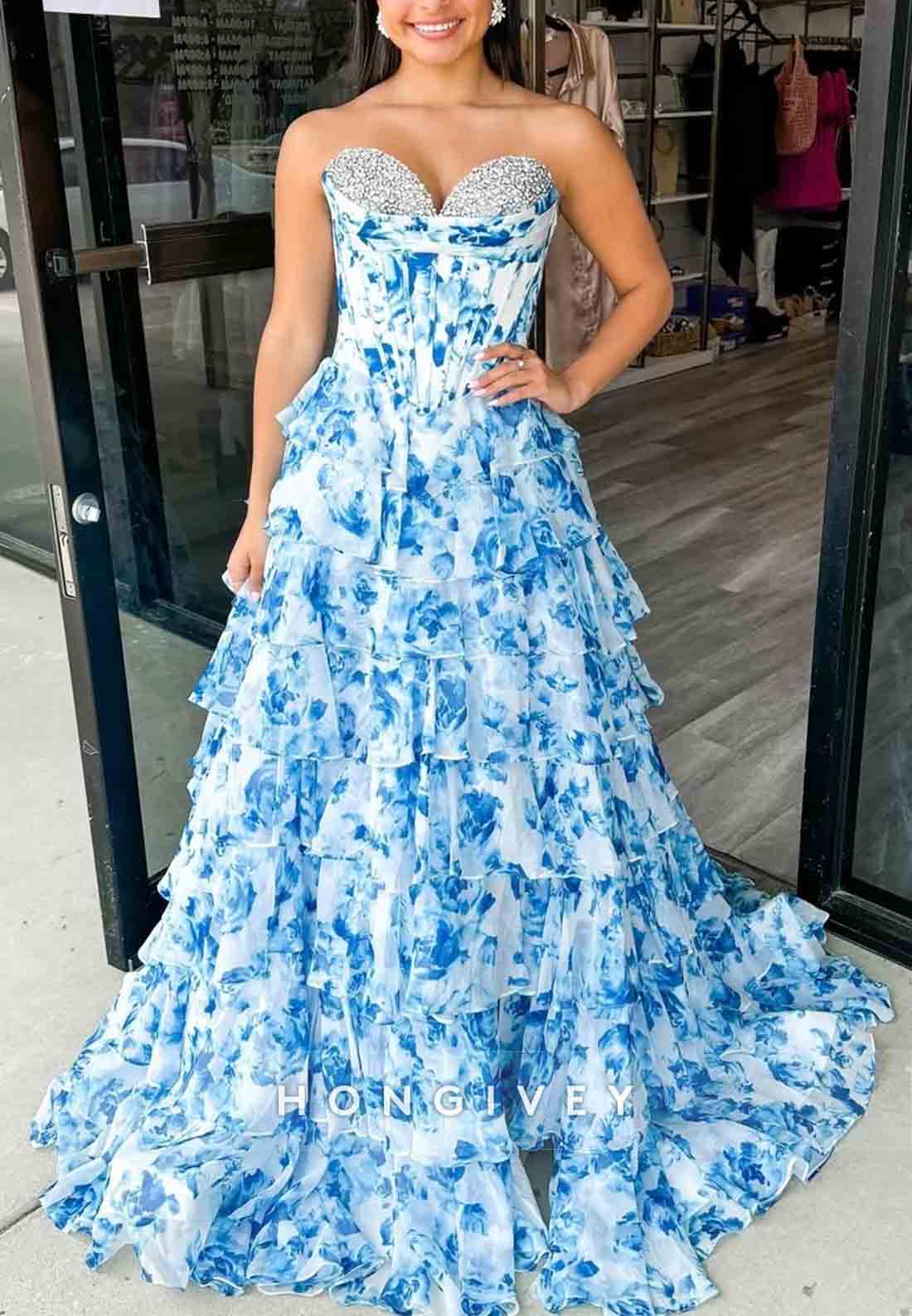 Gorgeous A Line Sweetheart Pink Printed Corset Prom Dress with Beading Ruffle