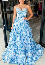 Gorgeous A Line Sweetheart Pink Printed Corset Prom Dress with Beading Ruffle