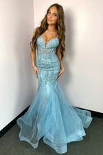 Stunning Light Blue Mermaid Spaghetti Straps Long Prom Dress with Appliques