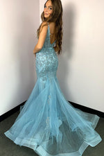 Stunning Light Blue Mermaid Spaghetti Straps Long Prom Dress with Appliques