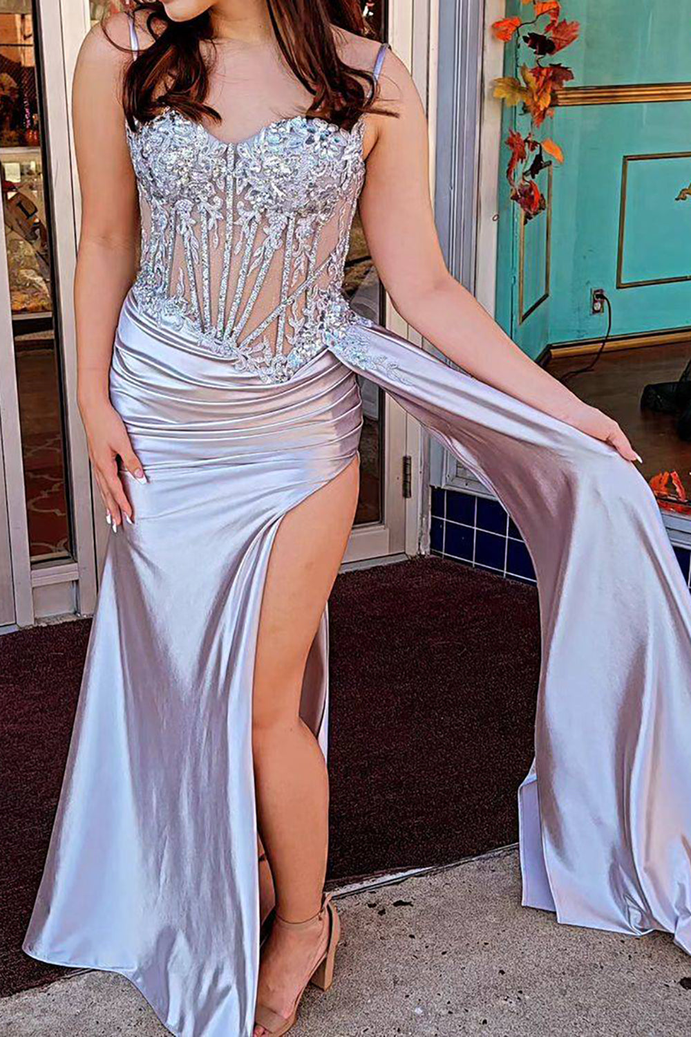 Stunning Mermaid Spaghetti Straps Long Glitter Prom Dress with High Slit
