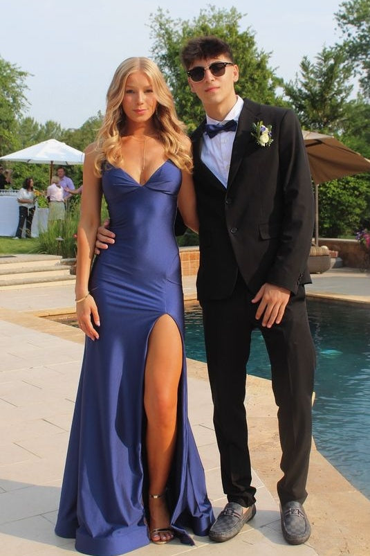 Trendy Mermaid Spaghetti Straps Navy Blue Long Prom Dress with Criss Cross Back