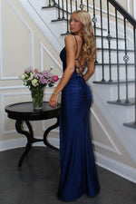 Trendy Mermaid Spaghetti Straps Navy Blue Long Prom Dress with Criss Cross Back