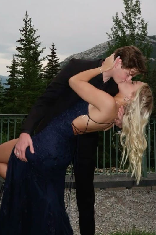 Trendy Mermaid Spaghetti Straps Navy Blue Long Prom Dress with Criss Cross Back