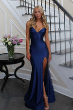 Trendy Mermaid Spaghetti Straps Navy Blue Long Prom Dress with Criss Cross Back