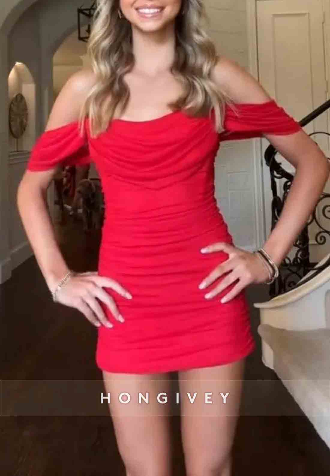 Stunning Off the Shoulder Ruched Bodycon Short Homecoming Dress