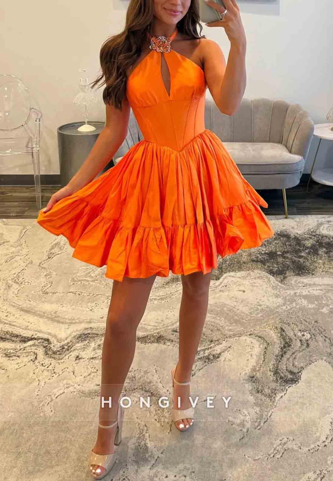 Halter A-Line Sleeveless Crisscross Back Pleated Empire Waist Short Homecoming Dresses