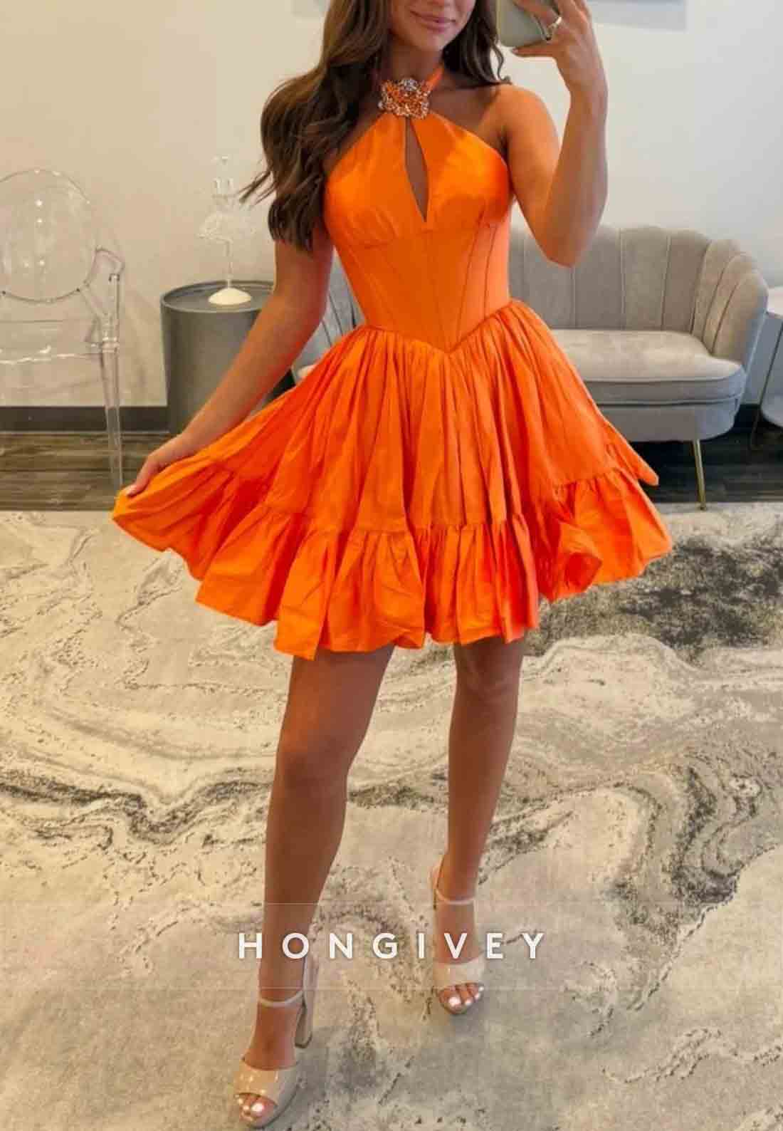 Halter A-Line Sleeveless Crisscross Back Pleated Empire Waist Short Homecoming Dresses