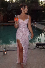 Hot Sheath Spaghetti Straps Pink Corset Party Dress with Lace Beading