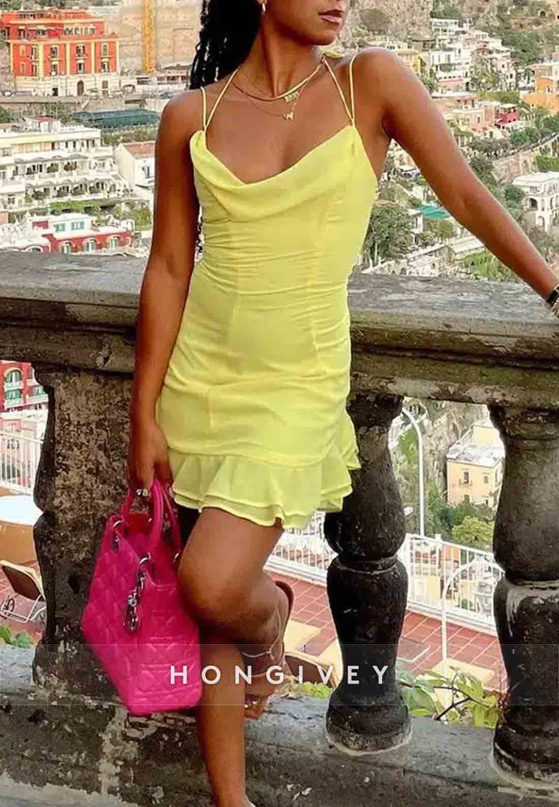 Stunning Sheath Spaghetti Straps Yellow Short Homecoming Dress with Ruffle