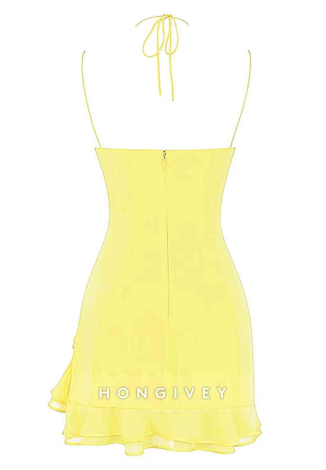 Stunning Sheath Spaghetti Straps Yellow Short Homecoming Dress with Ruffle