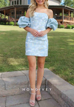 Stunning Sheath Strapless Light Blue Printed Sheath Short Homecoming Dress