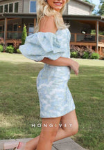 Stunning Sheath Strapless Light Blue Printed Sheath Short Homecoming Dress