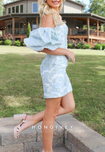 Stunning Sheath Strapless Light Blue Printed Sheath Short Homecoming Dress