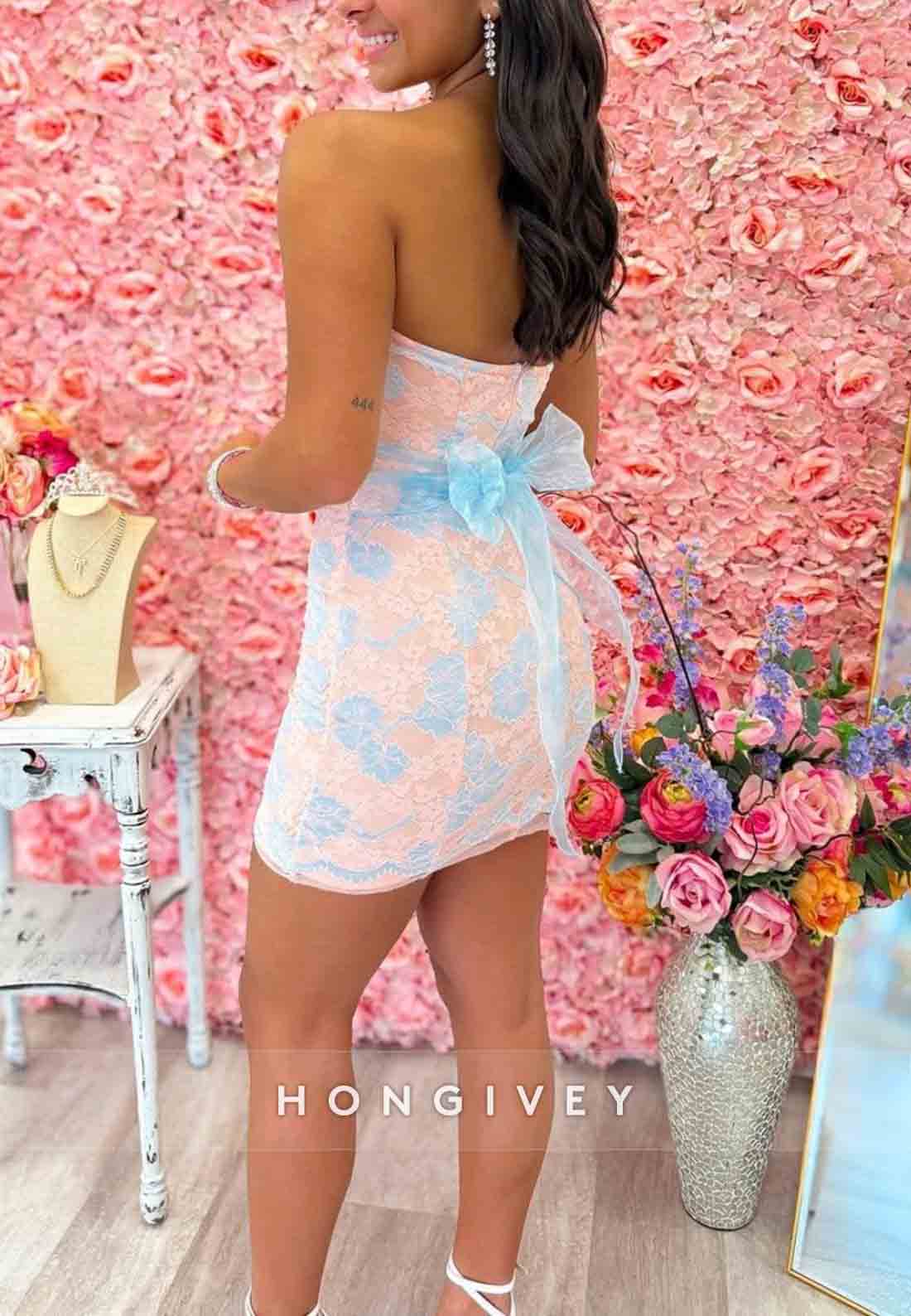 Stunning Sheath Strapless Pink Short Homecoming Dress with Lace
