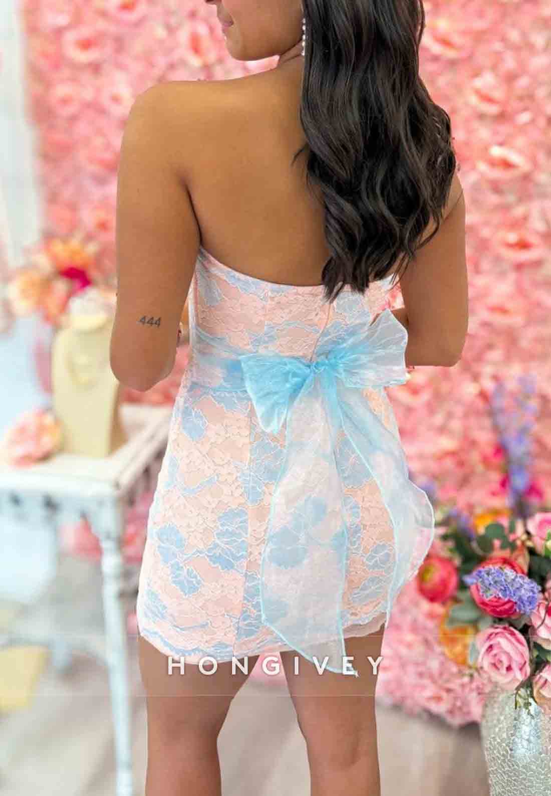Stunning Sheath Strapless Pink Short Homecoming Dress with Lace