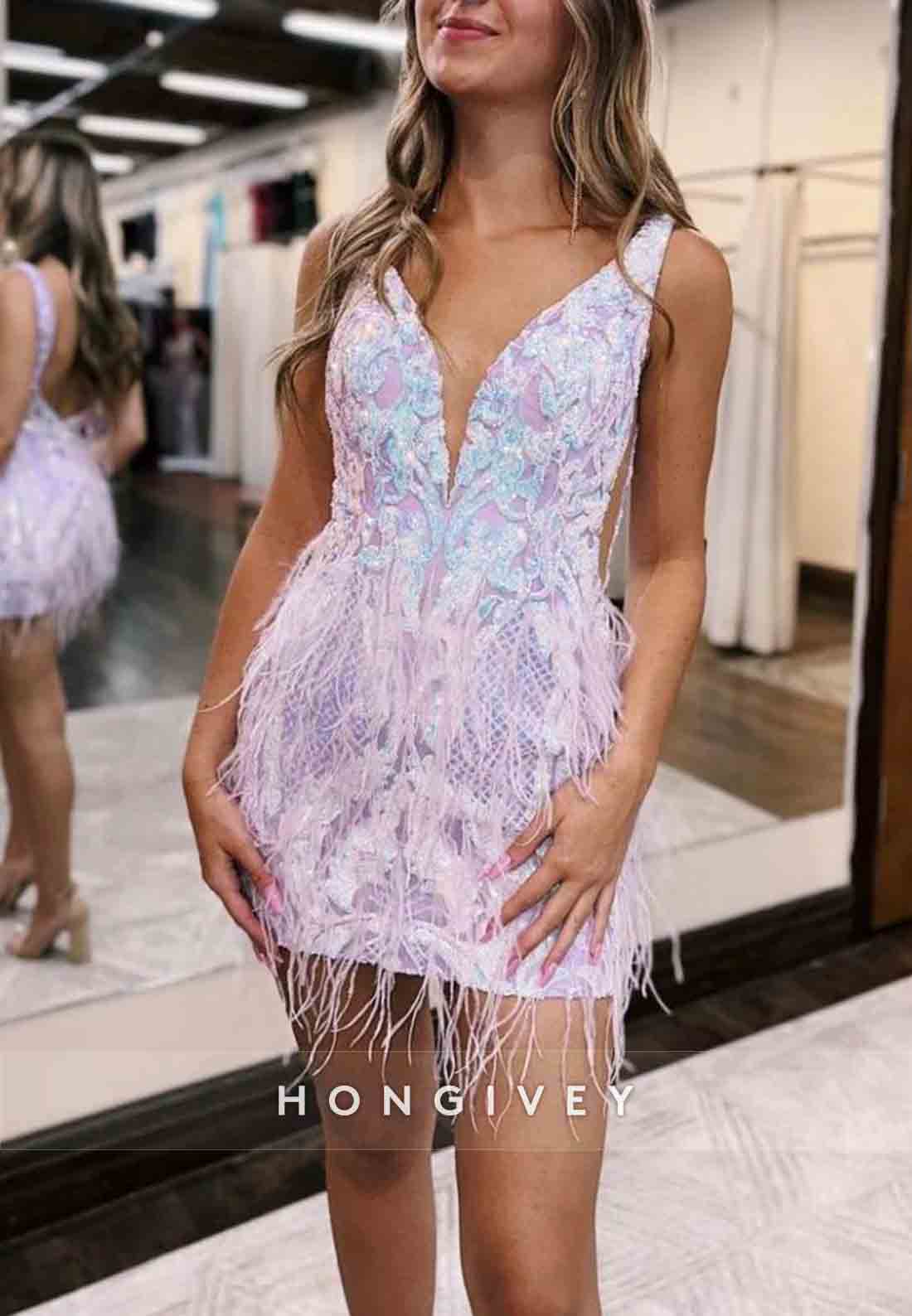 Stunning V-Neck Regular Straps Tight Mini Homecoming Dress With Feather