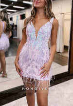 Stunning V-Neck Regular Straps Tight Mini Homecoming Dress With Feather