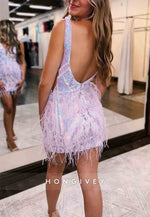 Stunning V-Neck Regular Straps Tight Mini Homecoming Dress With Feather