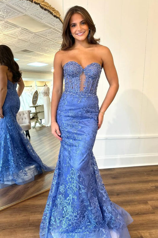 Stunning Dark Blue Mermaid Sweetheart Long Prom Dress with Appliques