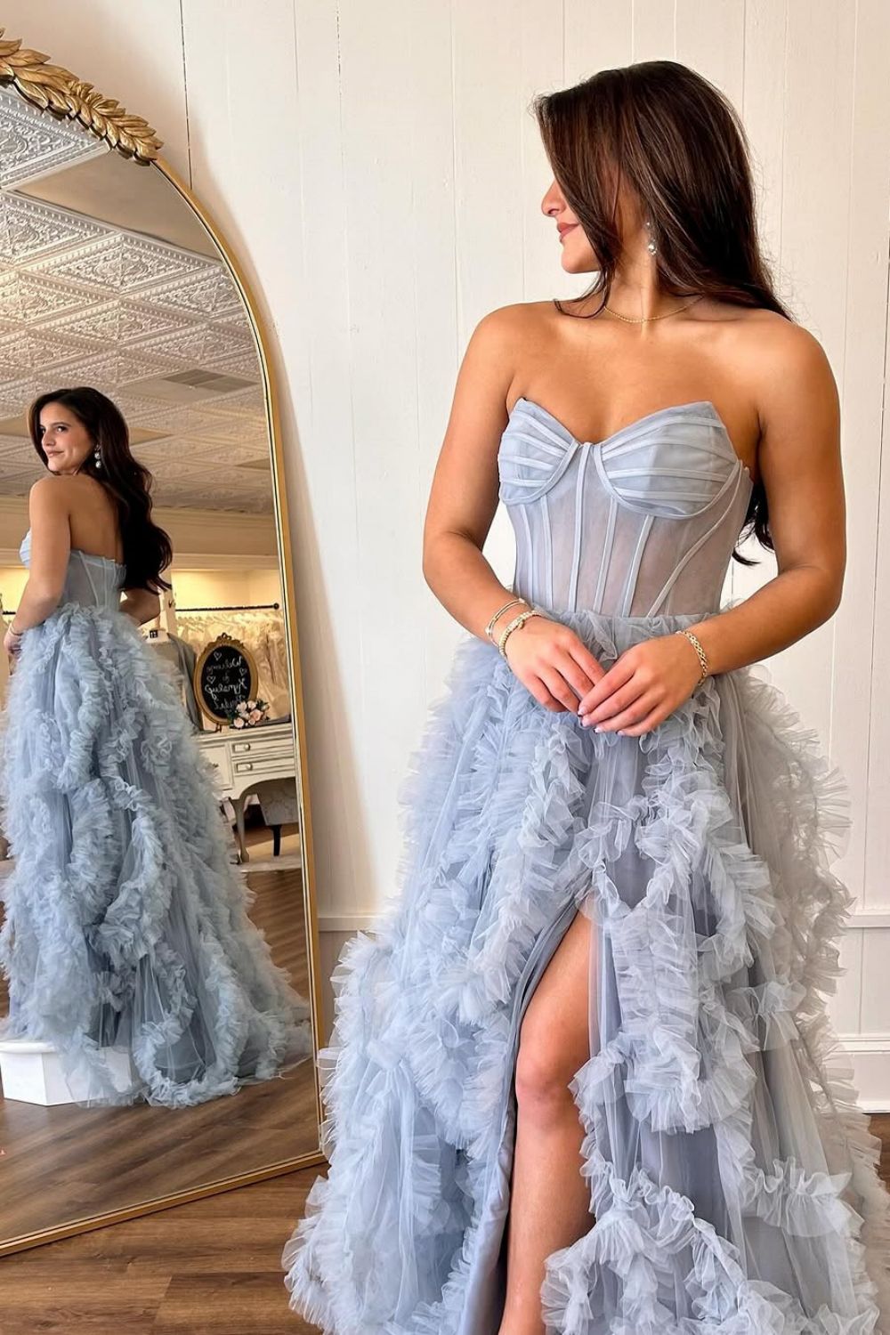 Stunning Light Blue A-Line Long Ruched Tulle Prom Dress with Slit