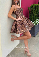 Stylish A Line Spaghetti Straps Brown Leopard Printed Short Homecoming with Keyhole