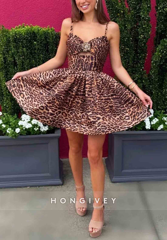 Stylish A Line Spaghetti Straps Brown Leopard Printed Short Homecoming with Keyhole