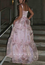 Stylish A Line Ruched Square Neck Spaghetti Straps Pink Long Prom Dress