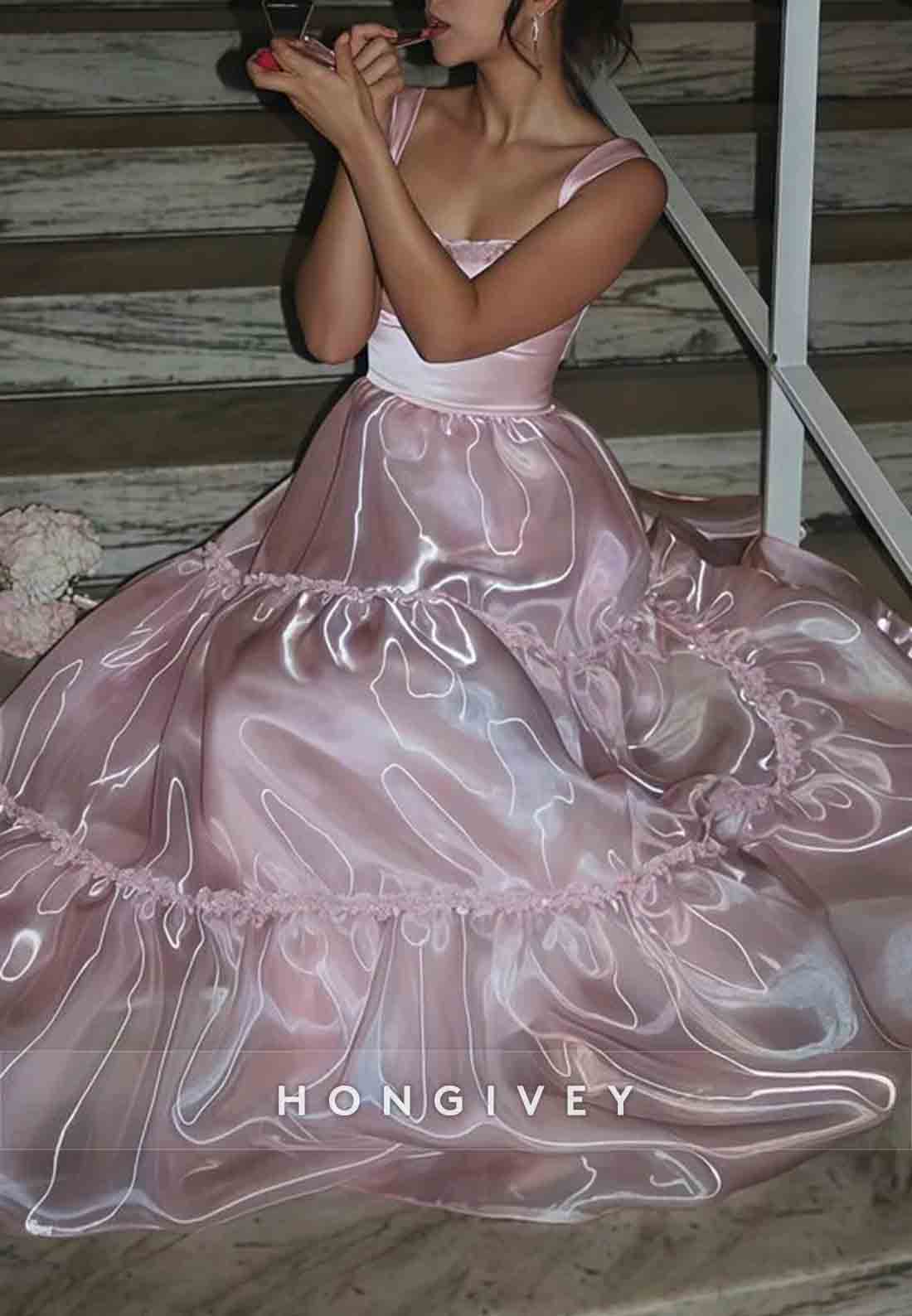 Stylish A Line Ruched Square Neck Spaghetti Straps Pink Long Prom Dress