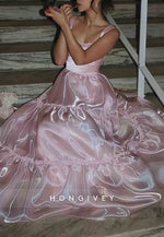 Stylish A Line Ruched Square Neck Spaghetti Straps Pink Long Prom Dress