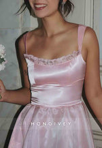 Stylish A Line Ruched Square Neck Spaghetti Straps Pink Long Prom Dress