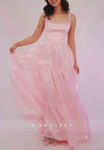 Stylish A Line Ruched Square Neck Spaghetti Straps Pink Long Prom Dress