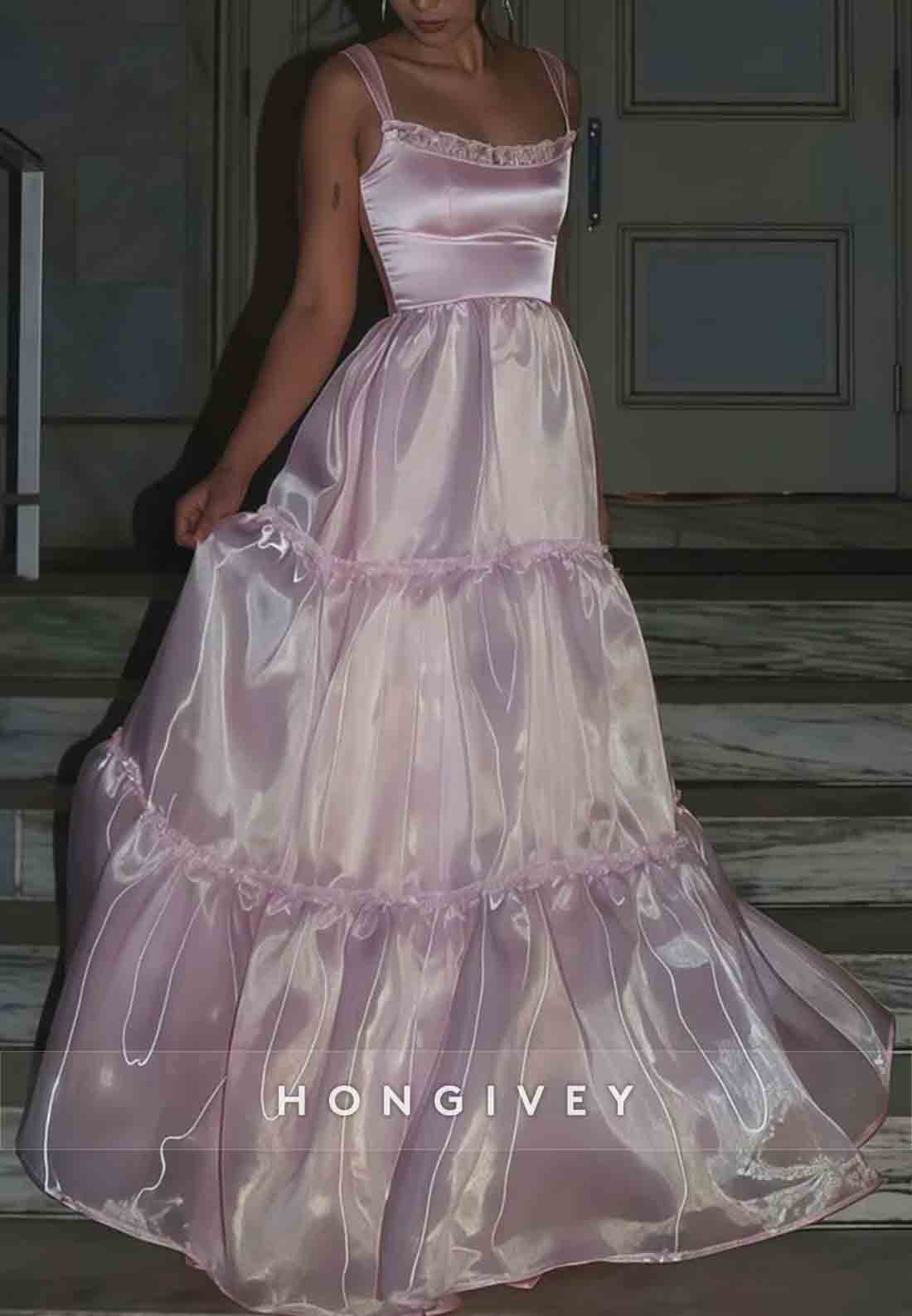 Stylish A Line Ruched Square Neck Spaghetti Straps Pink Long Prom Dress