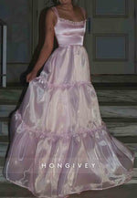 Stylish A Line Ruched Square Neck Spaghetti Straps Pink Long Prom Dress