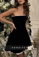 Stylish A-Line Strapless Black Short Homecoming Dress with Criss Cross Back