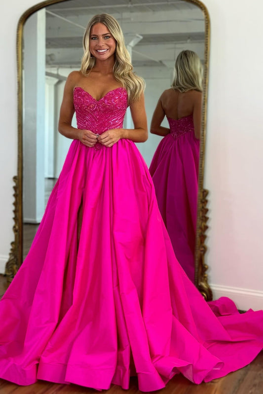 Stylish A Line Sweetheart Fuchsia Long Prom Dress with Beading Split Front