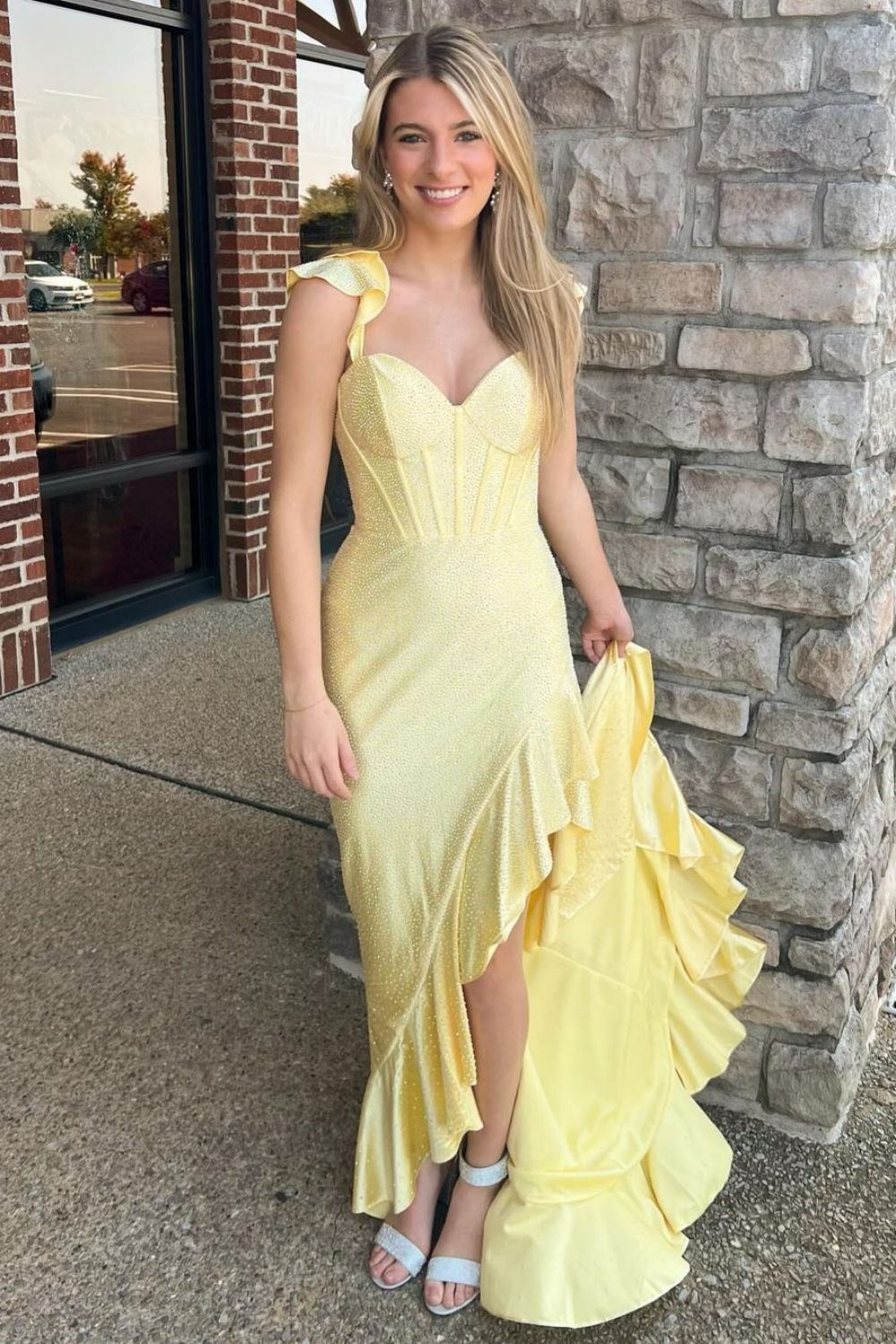 Stylish Glitter Mermaid Lace Up Long Beaded Prom Dress with Ruffles