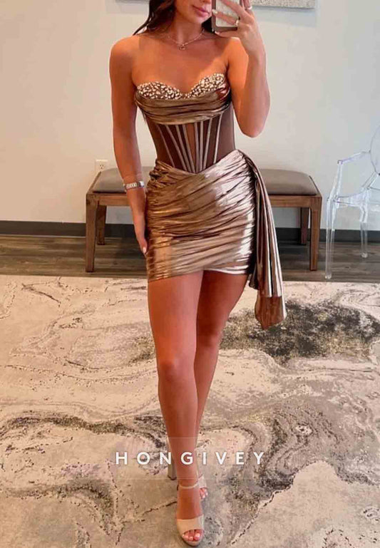 Side Draping Sweetheart Pleated Low Back Strapless Sheath Mini Homecoming Dresses