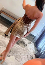 Side Draping Sweetheart Pleated Low Back Strapless Sheath Mini Homecoming Dresses