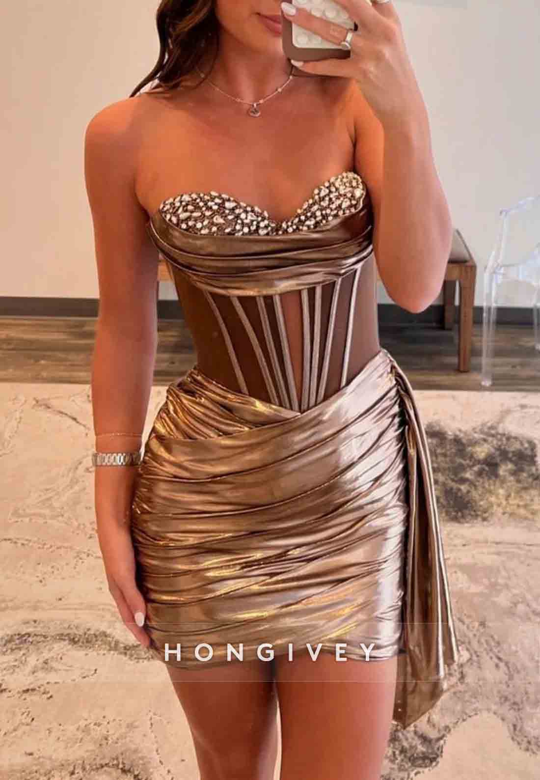 Side Draping Sweetheart Pleated Low Back Strapless Sheath Mini Homecoming Dresses