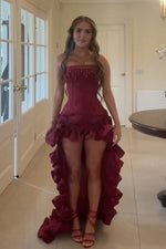 Stylish High Low  Strapless Burgundy Long Prom Dress with Tassel Ruffles
