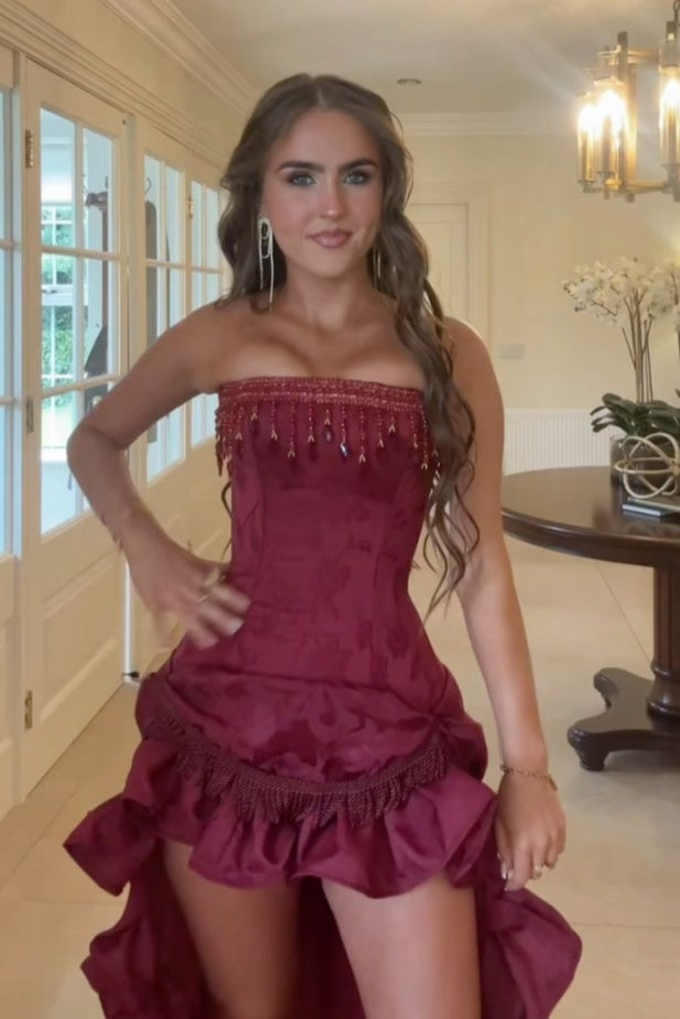 Stylish High Low  Strapless Burgundy Long Prom Dress with Tassel Ruffles