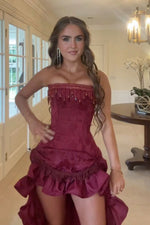 Stylish High Low  Strapless Burgundy Long Prom Dress with Tassel Ruffles