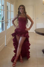 Stylish High Low  Strapless Burgundy Long Prom Dress with Tassel Ruffles