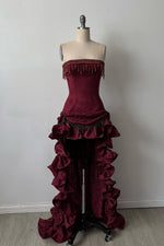 Stylish High Low  Strapless Burgundy Long Prom Dress with Tassel Ruffles
