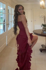 Stylish High Low  Strapless Burgundy Long Prom Dress with Tassel Ruffles